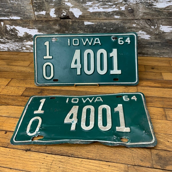 Vintage Custom License Plate Set - 1964 IOWA 4001 - County 10 - Front and Back - Salvaged License Plate - Low Number License Plate