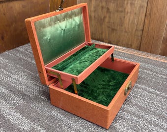 1960s Tabletop Jewelry Box Two Tier with Green Interior With Original Key
