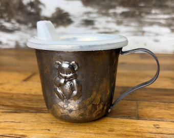 Vaso infantil vintage de plata con tapa de goma con boquilla - Baño de plata sobre latón