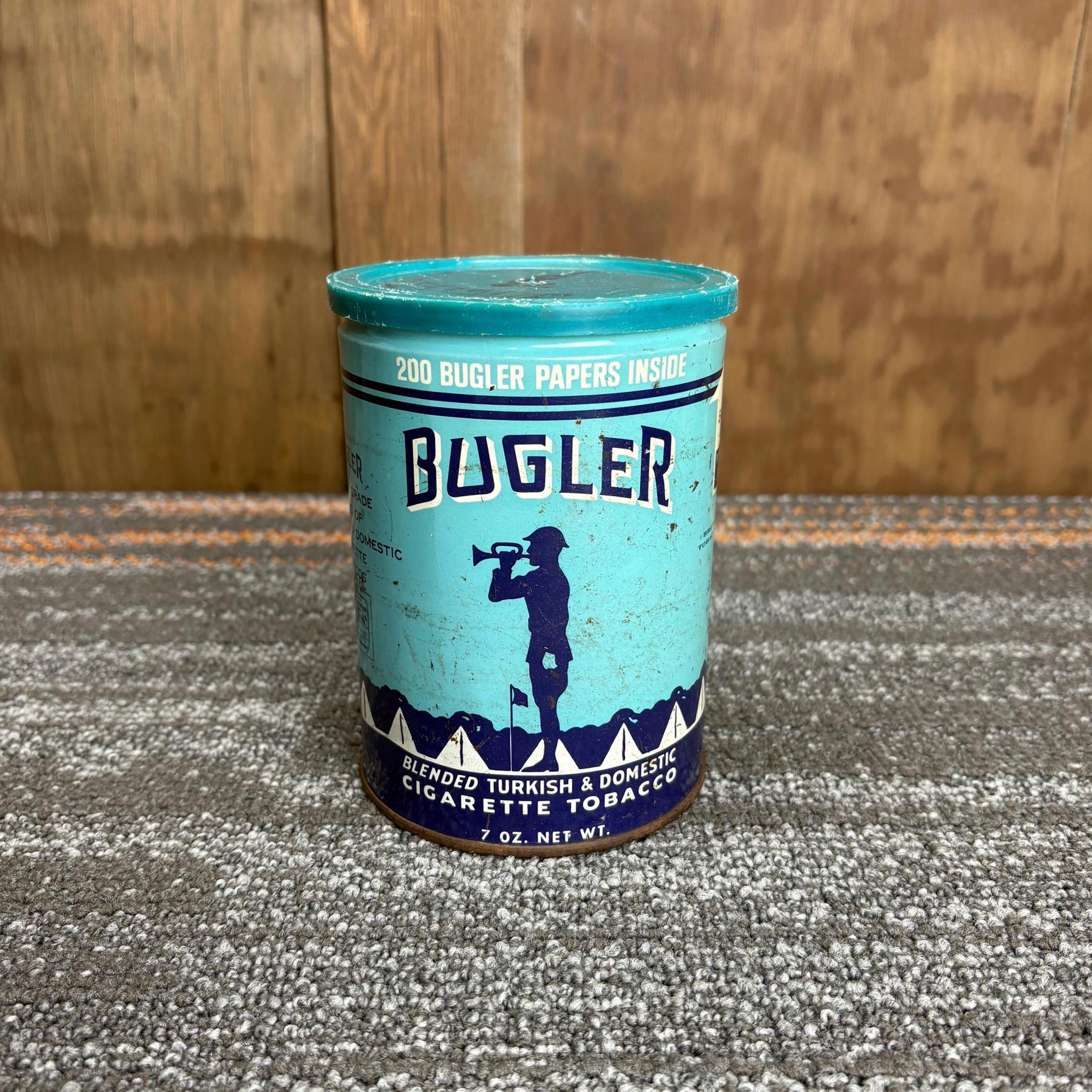 domestic tobacco Vintage 7oz Bugler Tin With Original Lid - Empty Blended Turkish and Cigarette Tobacco Tin High Card Menthol Pipe Tobacco