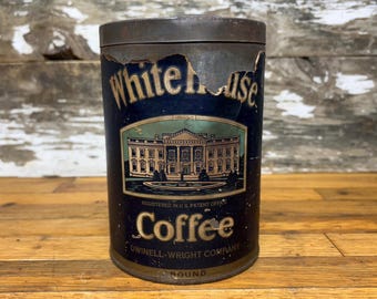 Lata de café antigua White House - Etiqueta de papel - Tapa en relieve - Boston, Chicago, Portsmouth