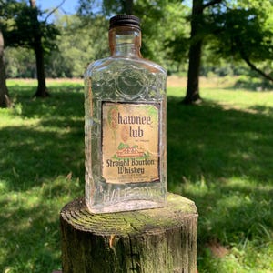 Antique Shawnee Club 90 Proof Straight Whiskey Bourbon - Empty Clear Glass Bottle - Atlas Distilled Products Inc. - Original Tax Stamp