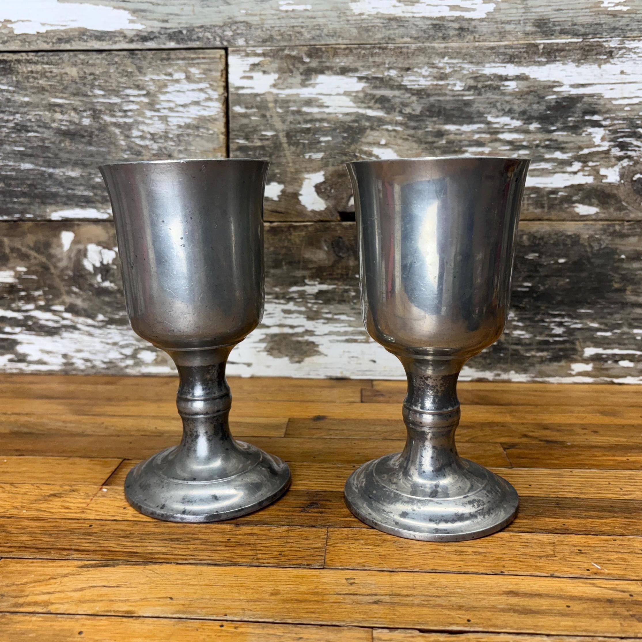 Large Vintage Pair of Pewter Wine Goblets