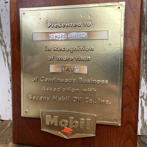 Vintage Socony Mobil Oil Award Plaque - Mobile Oil Years in Business Award - Mobil Oil Service Station Plaque