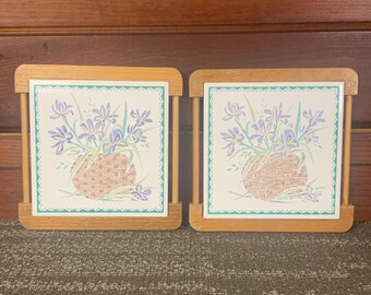 Vintage Decorative Ceramic Trivets - Pair of Floral Wood Framed Tiles