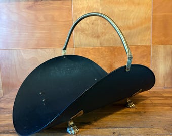 Vintage Fireplace Log Holder with Polished Brass Handle and Clawed Feet