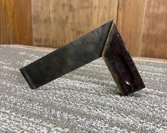 Antique Stanley Rose Wood and Brass Carpenters Square Sweatheart Logo
