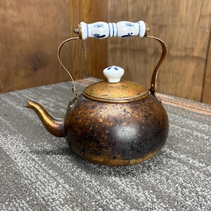 Antique Copper Tea Kettle - Dark Aged Patina - Porcelain Handle and Knob
