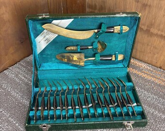 Vintage Ornate Golden Brass Flatware Set with Original Box - Thai Gems - Siam Buddha Design