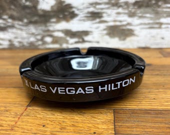 Vintage Las Vegas Hilton Hotel Black Obsidian Glass Ashtray