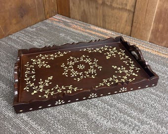 Vintage Dark Wood Serving Tray with White Floral Inlay