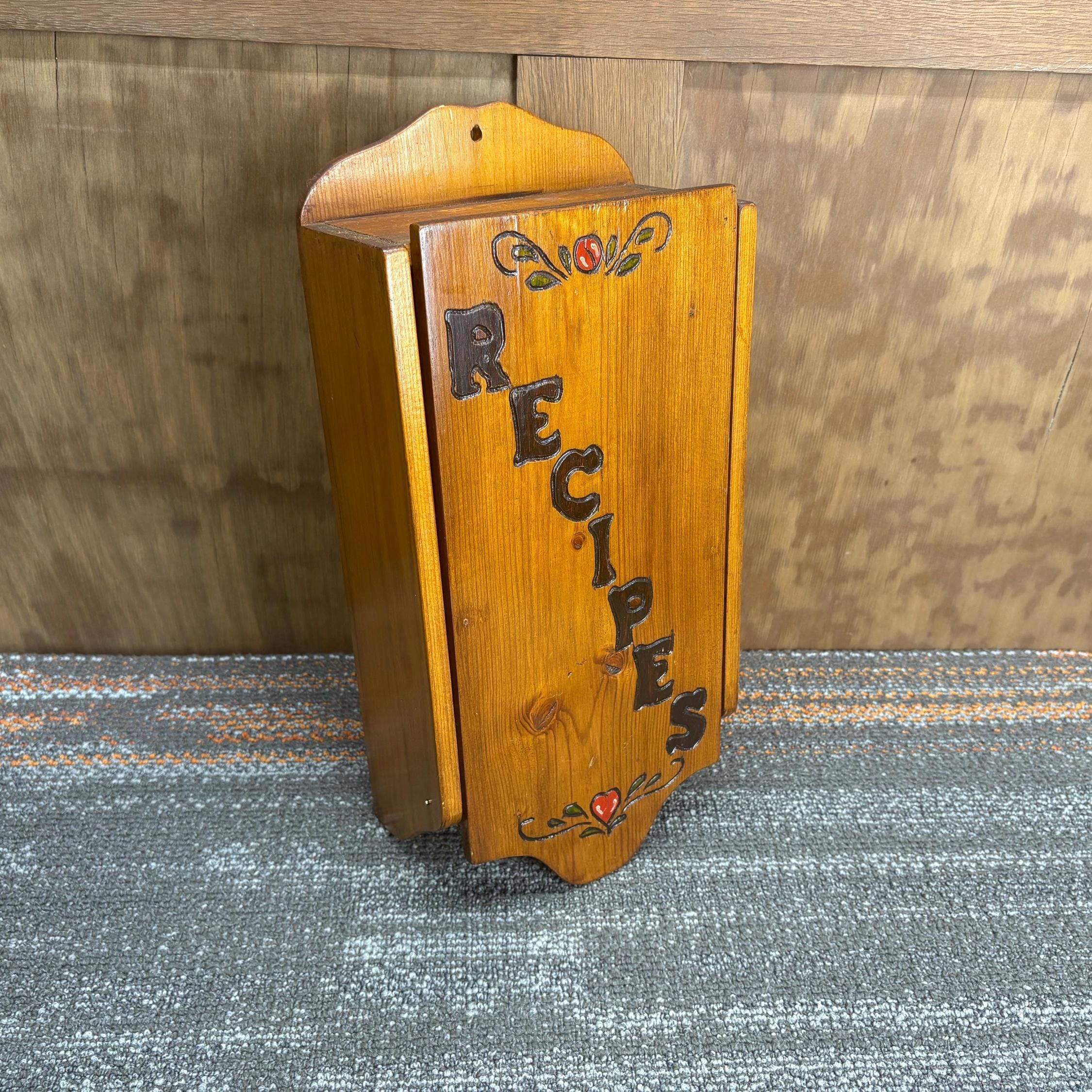 Vintage Wall Mounted Flip Down Wood Recipe Box Carved Recipe and