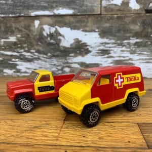 Vintage Tiny Tonka Pick Up Truck and Tonka Rescue Van - Red and Yellow  - Plastic and Pressed Steel - 1980s