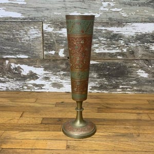 Vintage Etched Brass Vase - 12 Inches Tall - Indian Etched Brass Floral - Red and Green Accents - Ornate Brass Vase - Etched Brass