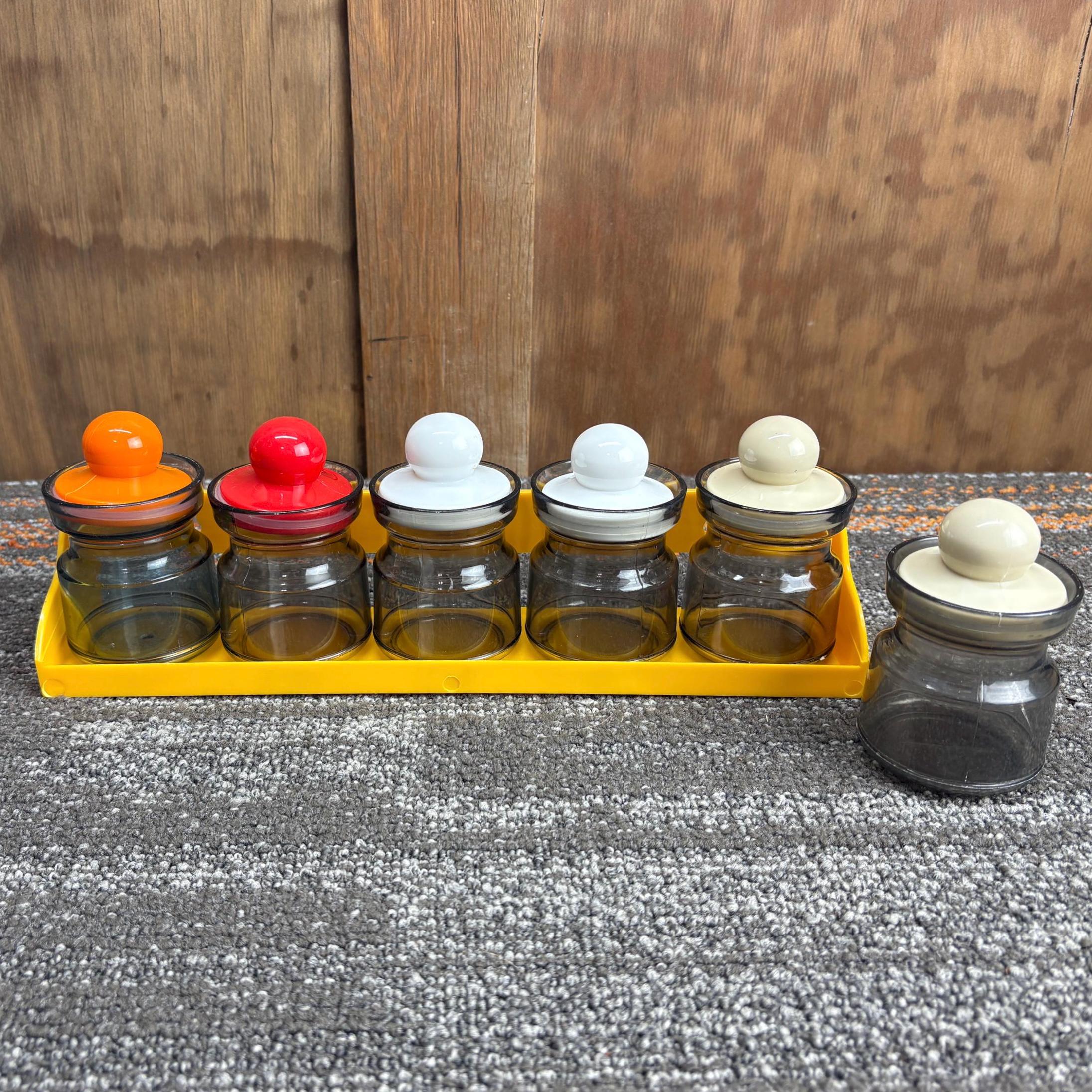 Vintage Six Jar Yellow Plastic Spice Rack - Seven Jars With