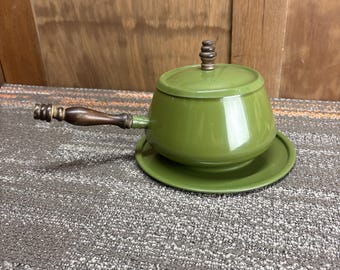 Olla, tapa y bandeja para fondue de aguacate verde vintage