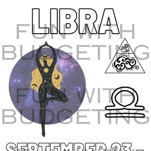Puede incluir: Una ilustración en blanco y negro del signo del zodíaco Libra con una mujer en una postura de yoga en un círculo con un fondo de galaxia. El texto "LIBRA" está en la parte superior de la imagen. El texto "SEPTEMBER 23 - OCTOBER 22" está en la parte inferior de la imagen. El texto "150 DESAFÍO DE DÓLARES CADA LETRA Y NÚMERO SON 5 Y LOS SÍMBOLOS SON 10 DIVERTIRSE CON EL PRESUPUESTO" está en la parte inferior de la imagen.