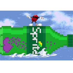 May include: A red cartoon character with a white hat and sunglasses stands on top of a green soda bottle with a purple grape design and the text "포카리스웨트" in Korean. The bottle is floating on a blue ocean with white waves.