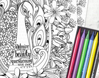 Peacock Printable Coloring Page | Admire Beauty Positive Quote Printable Art | Adult Coloring Print & Color Instant Download