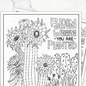 Digital Coloring Page Printable Download, Bloom Where You are Planted Cactus, Inspirational Gift, High School Student, Teen Graduation image 1