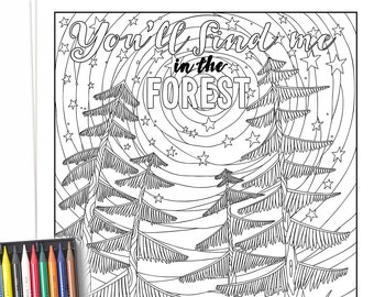 Forest Coloring Page Digital Download Adult Coloring Book Printable, Rainy Day Camping Activity for Nature Lovers, PDF & JPG