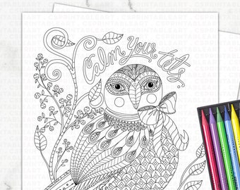 Calm Your Tits, Sweary Adult Coloring Page Printable Art | Owl Coloring Page | Funny Saying Wedding Coloring Page