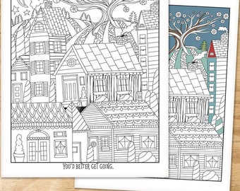 Coloring Page Printable, Village Idiot, Funny Colouring Page for sassy adults, Tiny Houses, Cute folk art scene