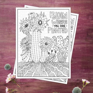 Digital Coloring Page Printable Download, Bloom Where You are Planted Cactus, Inspirational Gift, High School Student, Teen Graduation image 6