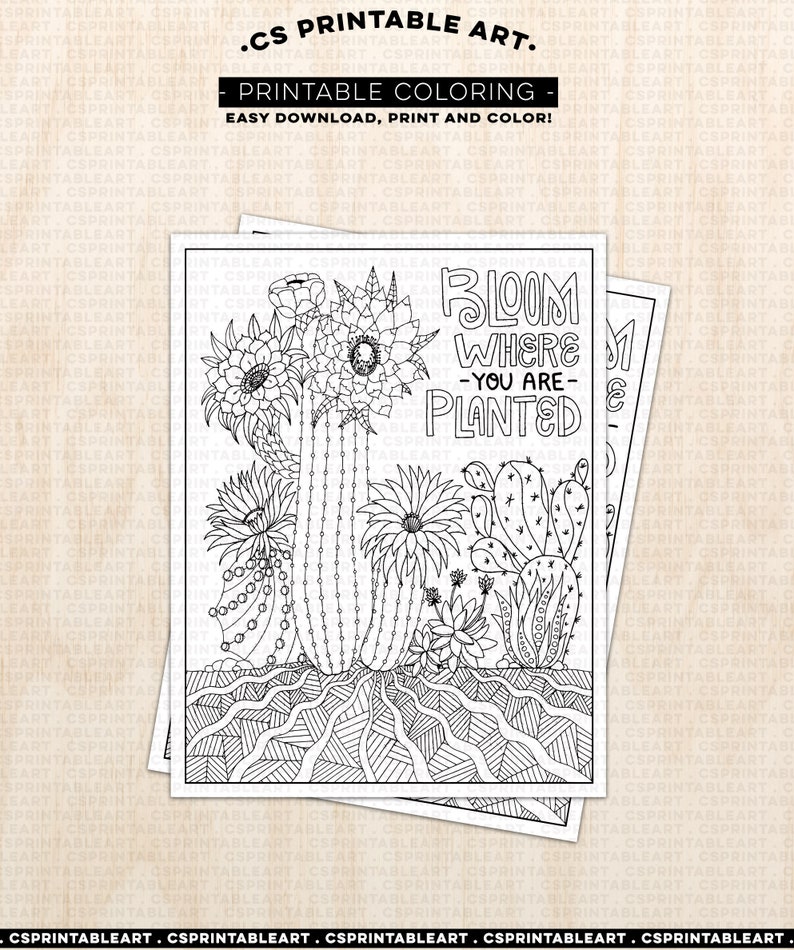 Digital Coloring Page Printable Download, Bloom Where You are Planted Cactus, Inspirational Gift, High School Student, Teen Graduation image 7
