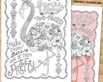 Pretty Flamingo Coloring Page, Instant Download Printable, PDF & JPG, Print and Colour, Sarcastic Quote, Flamingo Printable, Sassy