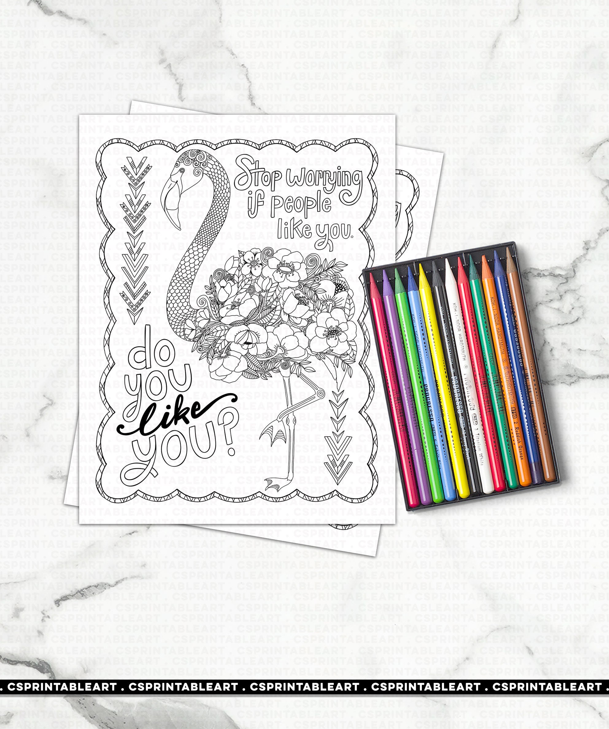 Floral Flamingo Coloring Page Printable Hand Drawn Positive | Etsy