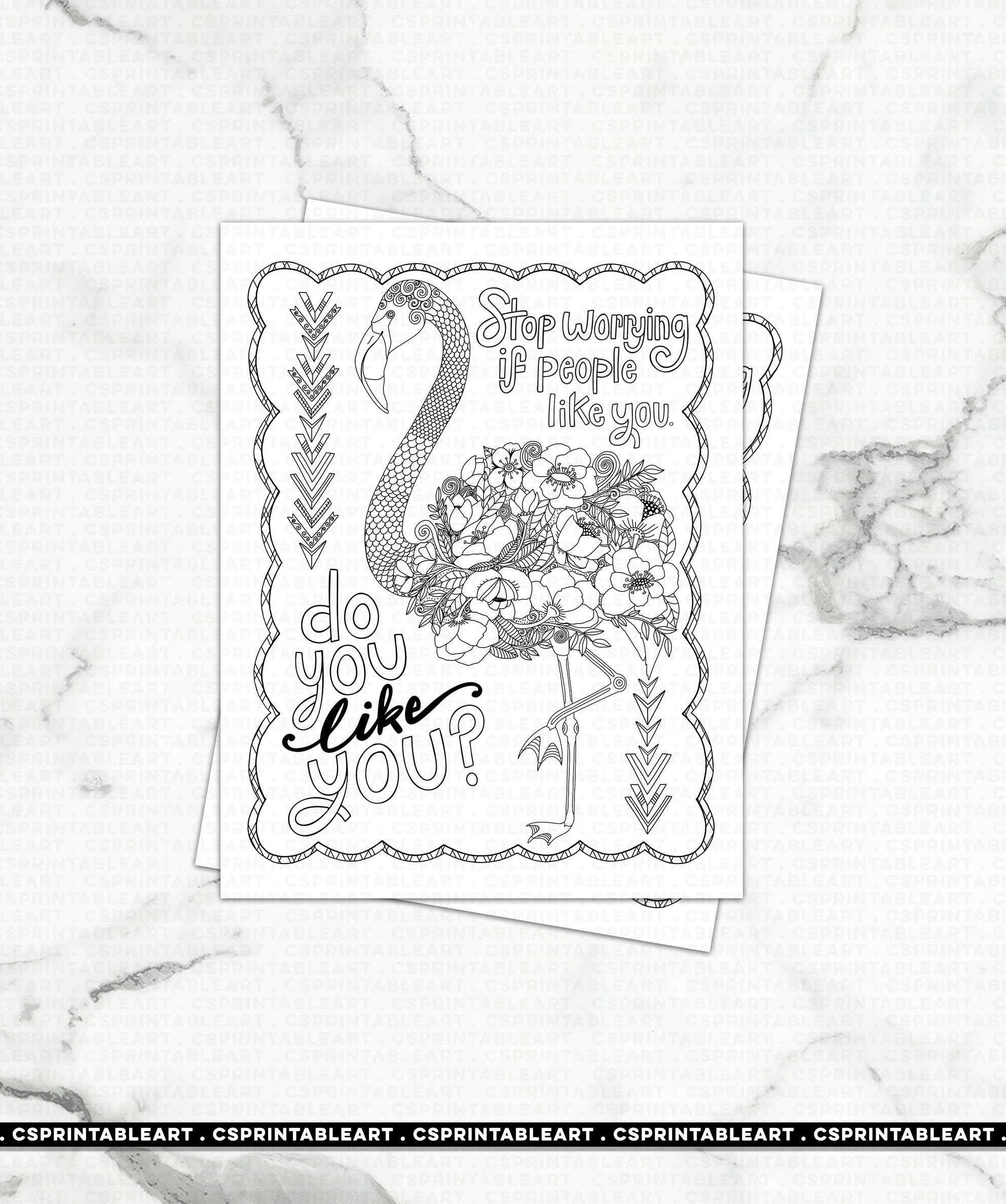 Floral Flamingo Coloring Page Printable Hand Drawn Positive | Etsy