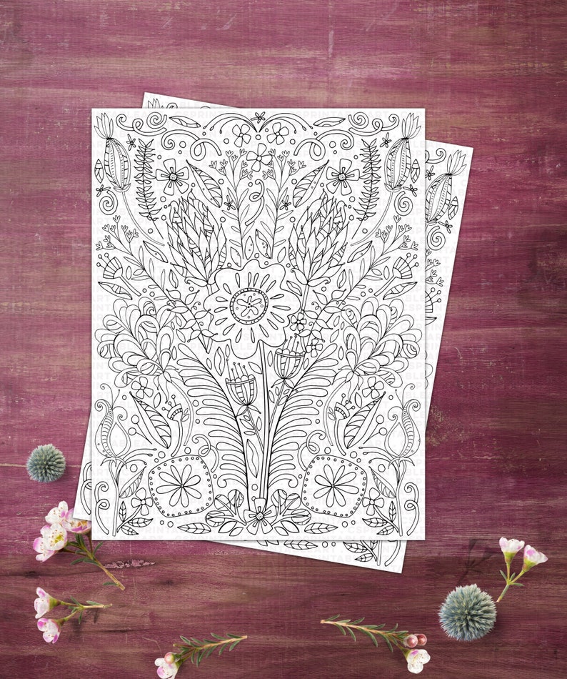 Flower Coloring Page, Adult Colouring Printable, Floral Print Design, Printable Wall Art, Hand Drawn Digital Illustration, Instant Download image 6