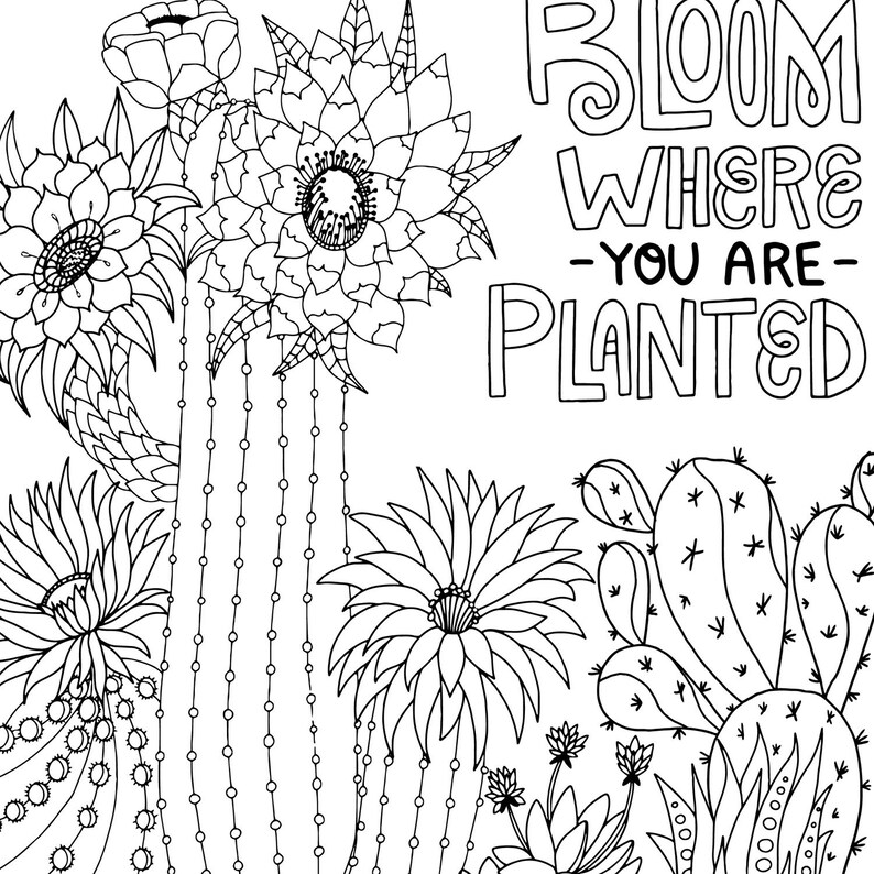 Digital Coloring Page Printable Download, Bloom Where You are Planted Cactus, Inspirational Gift, High School Student, Teen Graduation image 8