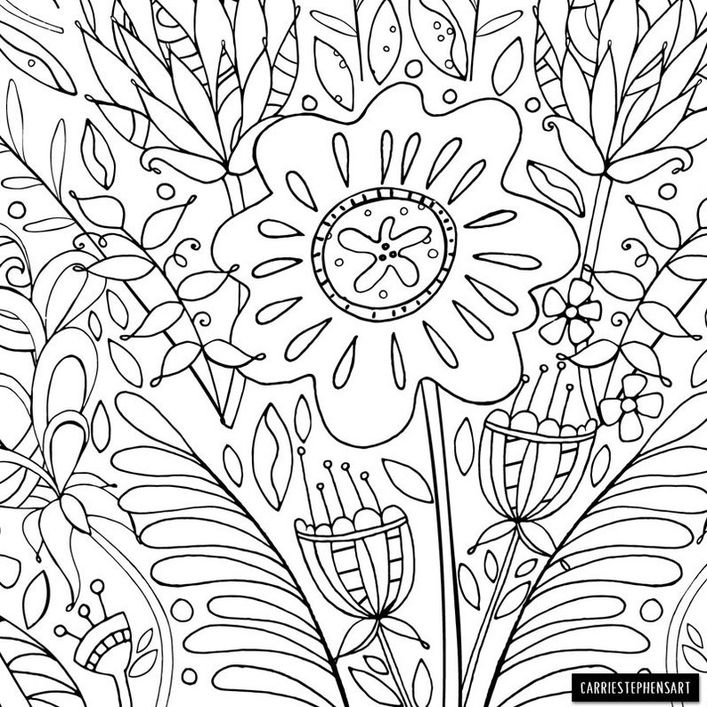 Flower Coloring Page, Adult Colouring Printable, Floral Print Design, Printable Wall Art, Hand Drawn Digital Illustration, Instant Download image 9