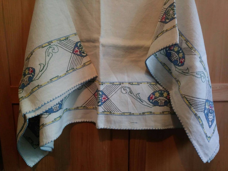 Vintage embroidered and cross stitch table cloth keepsakes 40s hope chest bliss