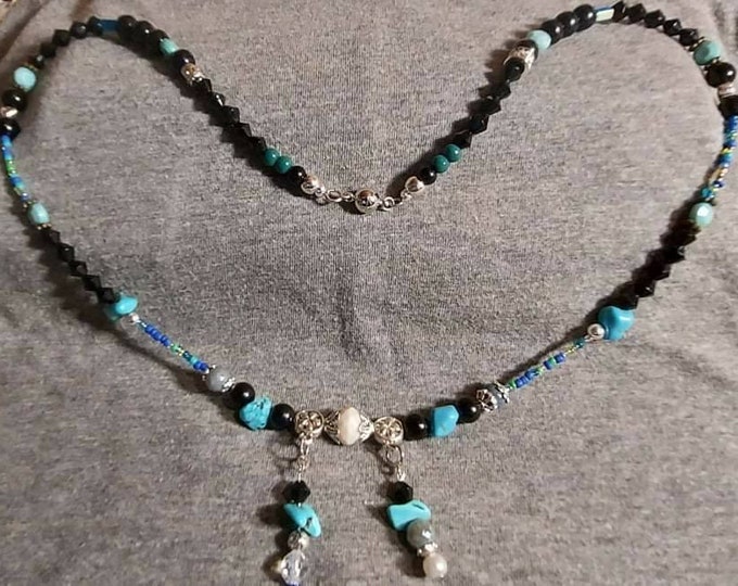 Turquoise and silver boho earring and necklace set. One of a kind.  Mixed Vintageables wearable art designer Heather Hutcheson