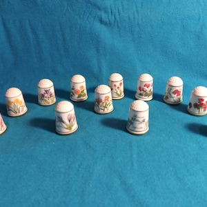 Könnte beinhalten: Eine Sammlung von 12 weißen Porzellan-Fingerhüten mit Blumendesigns. Jeder Fingerhut zeigt eine andere Blume, darunter rote, rosa, gelbe und blaue Blumen.