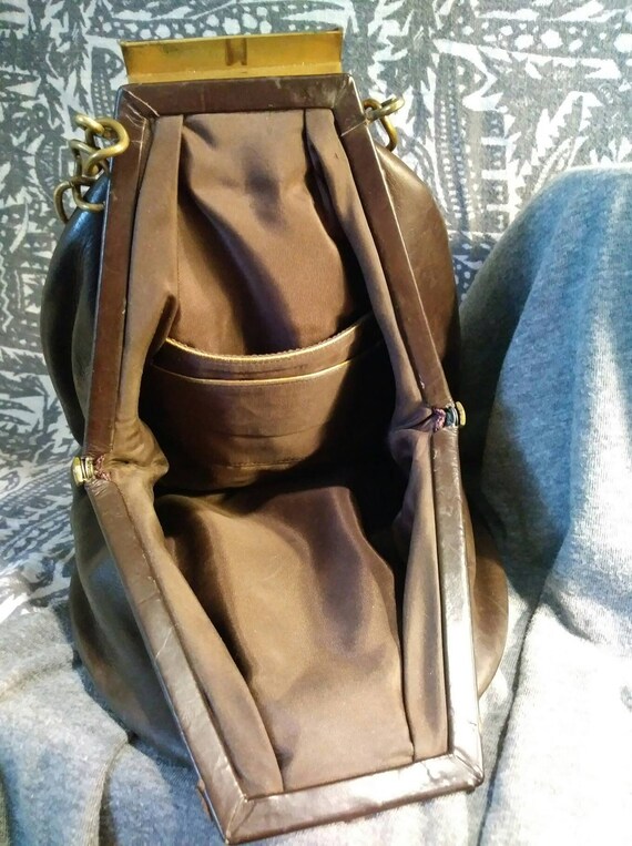 Brown leather handbag chain handle unusual clasp … - image 6