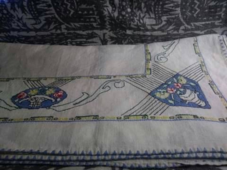 Vintage embroidered and cross stitch table cloth keepsakes 40s hope chest bliss