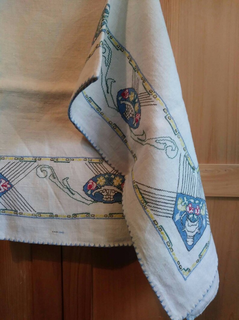 Vintage embroidered and cross stitch table cloth keepsakes 40s hope chest bliss