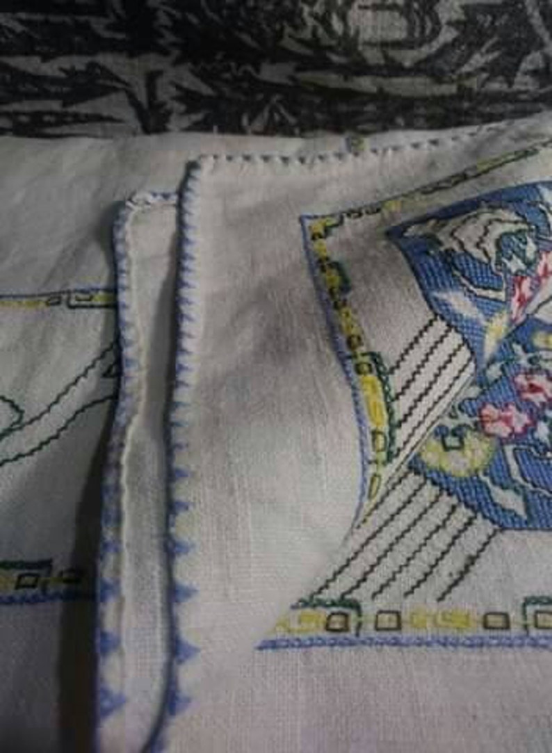 Vintage embroidered and cross stitch table cloth keepsakes 40s hope chest bliss