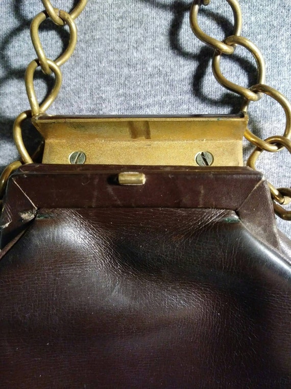 Brown leather handbag chain handle unusual clasp … - image 3