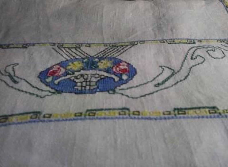 Vintage embroidered and cross stitch table cloth keepsakes 40s hope chest bliss