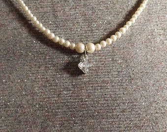 Petite pearl necklace with a dazzeling square zirconia perfect for Brides one of a kind design by Artist Heather Hutcheson old blue new