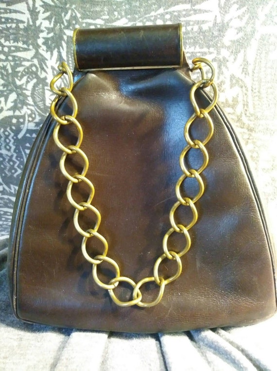 Brown leather handbag chain handle unusual clasp u