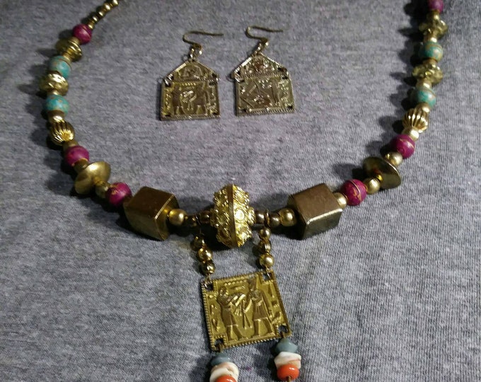 Egyptian theme. Brass painted beads vintage metal pressed earrings. One of a kind  by Artist Heather Hutcheson.