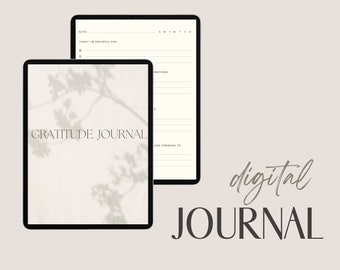 May include: A digital gratitude journal on a tablet screen. The journal has a white background with a shadow of a plant on it. The text "GRATITUDE JOURNAL" is displayed in black at the top of the screen.