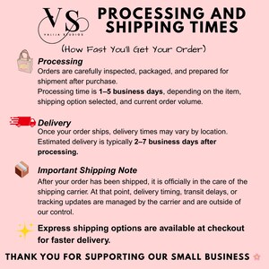 Valija Studios processing and shipping times graphic explaining 1–5 business day processing, estimated 2–7 business day delivery after shipment, carrier responsibility after shipping, and availability of express shipping options at checkout.