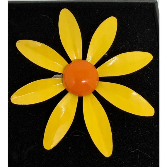 Vintage 1960s Daisy Flower Brooch Yellow Enamel Orange Center Retro Mod Floral Pin Gift for Her Spring Jewelry Flower Power Accessory
